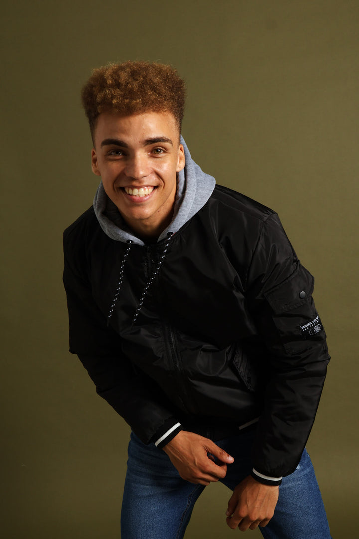 Knit Hood Bomber Jacket - Black