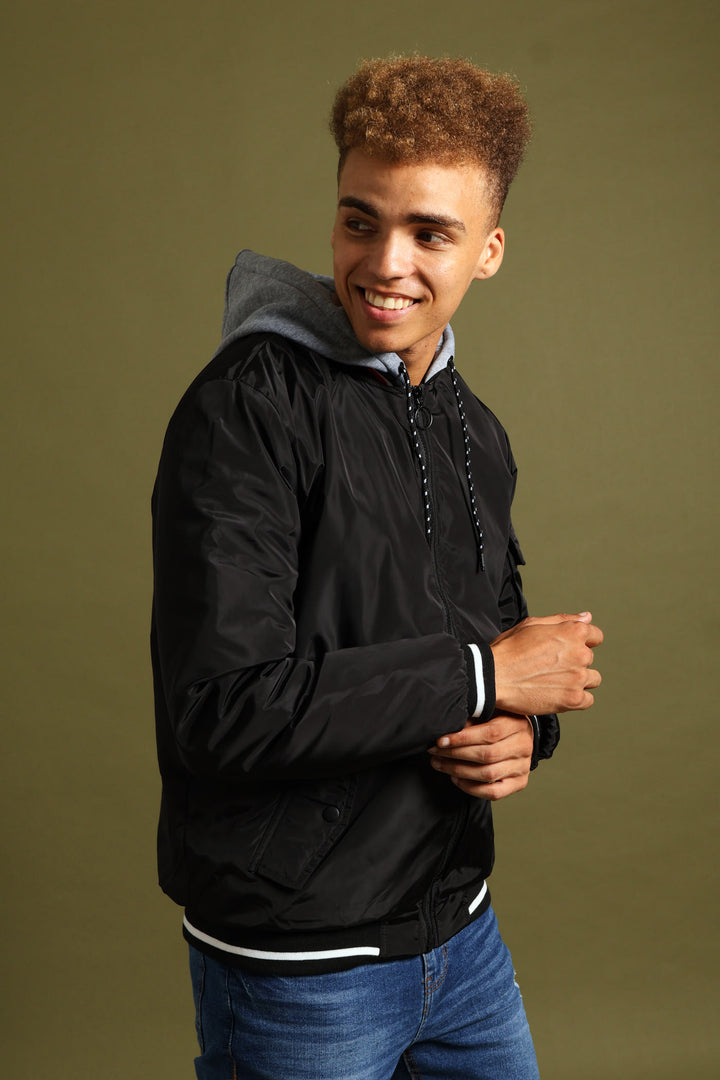 Knit Hood Bomber Jacket - Black