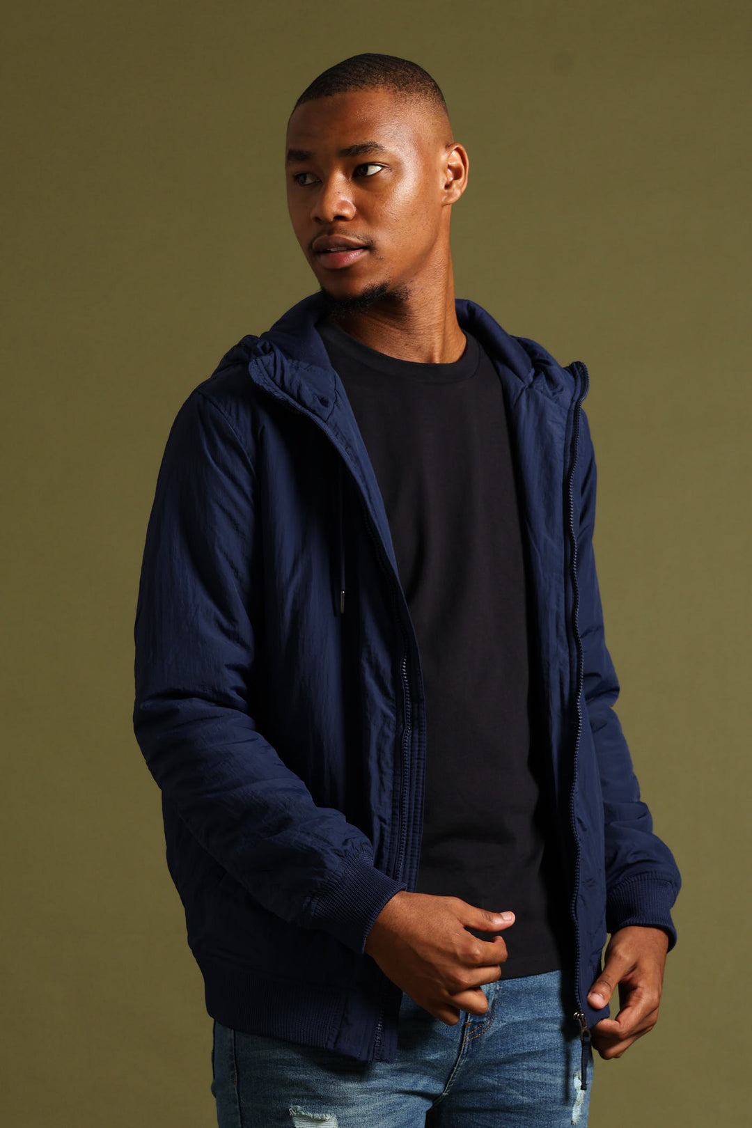 Basic Hood Crinkle Bomber Jacket - Navy