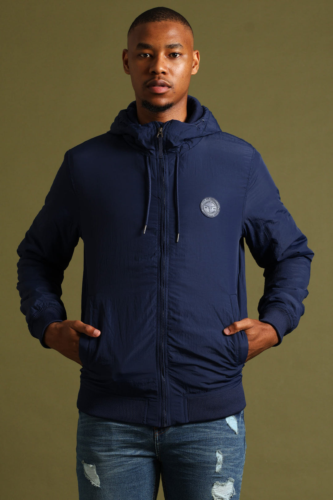 Basic Hood Crinkle Bomber Jacket - Navy