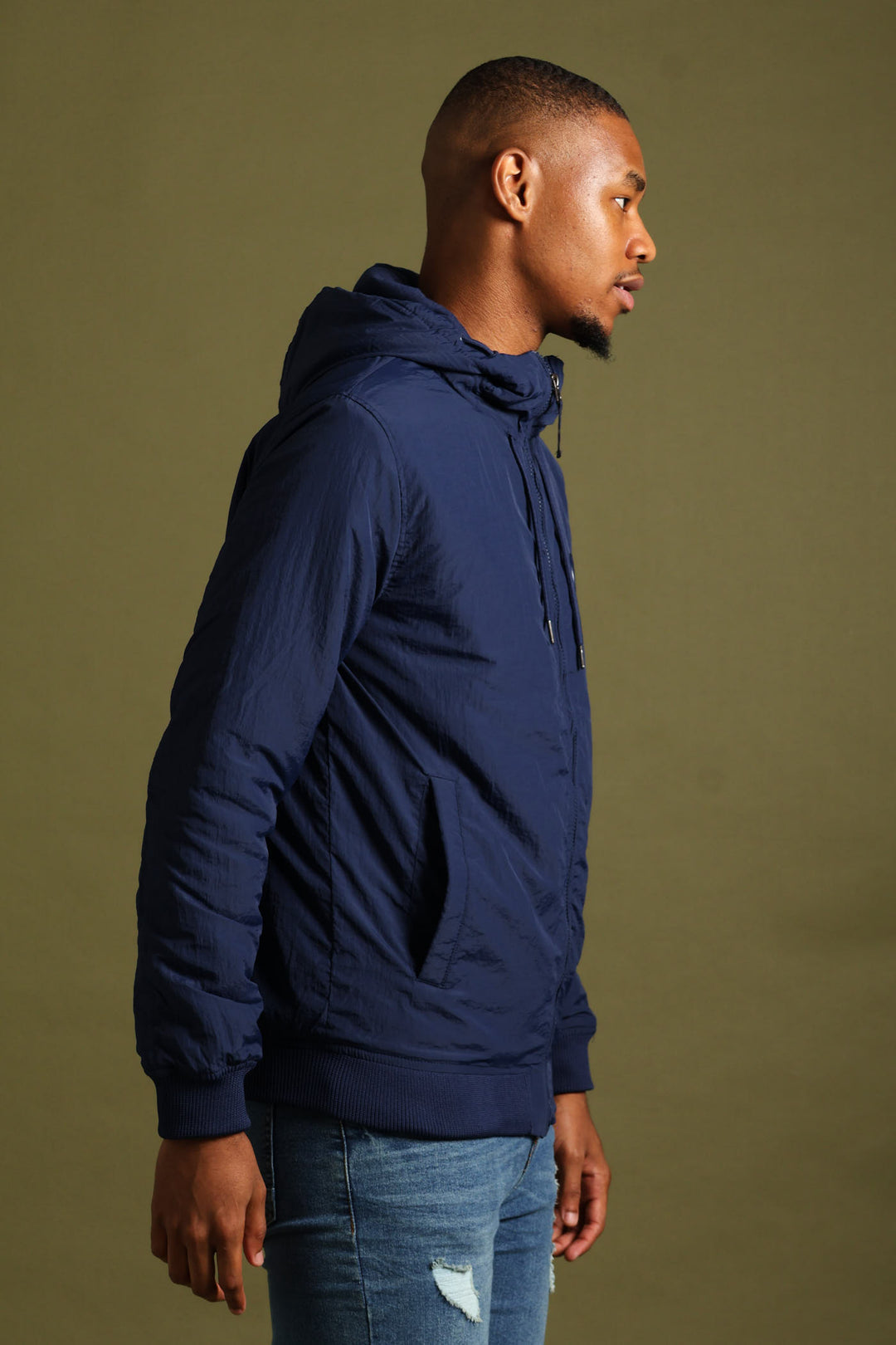 Basic Hood Crinkle Bomber Jacket - Navy