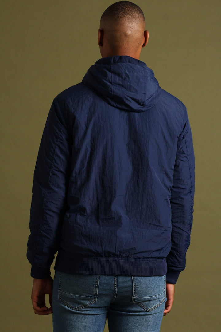 Basic Hood Crinkle Bomber Jacket - Navy
