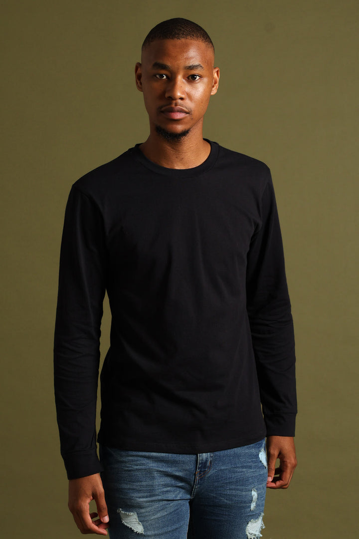 Long Sleeve Basic Crew Cuff Tee - Black