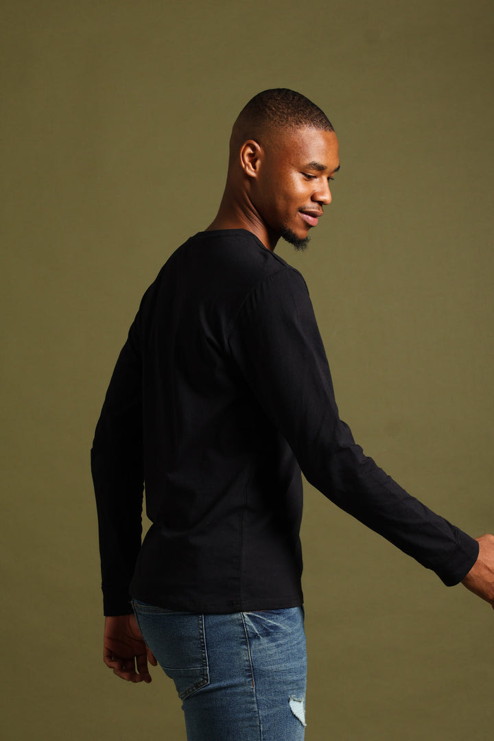 Long Sleeve Basic Crew Cuff Tee - Black