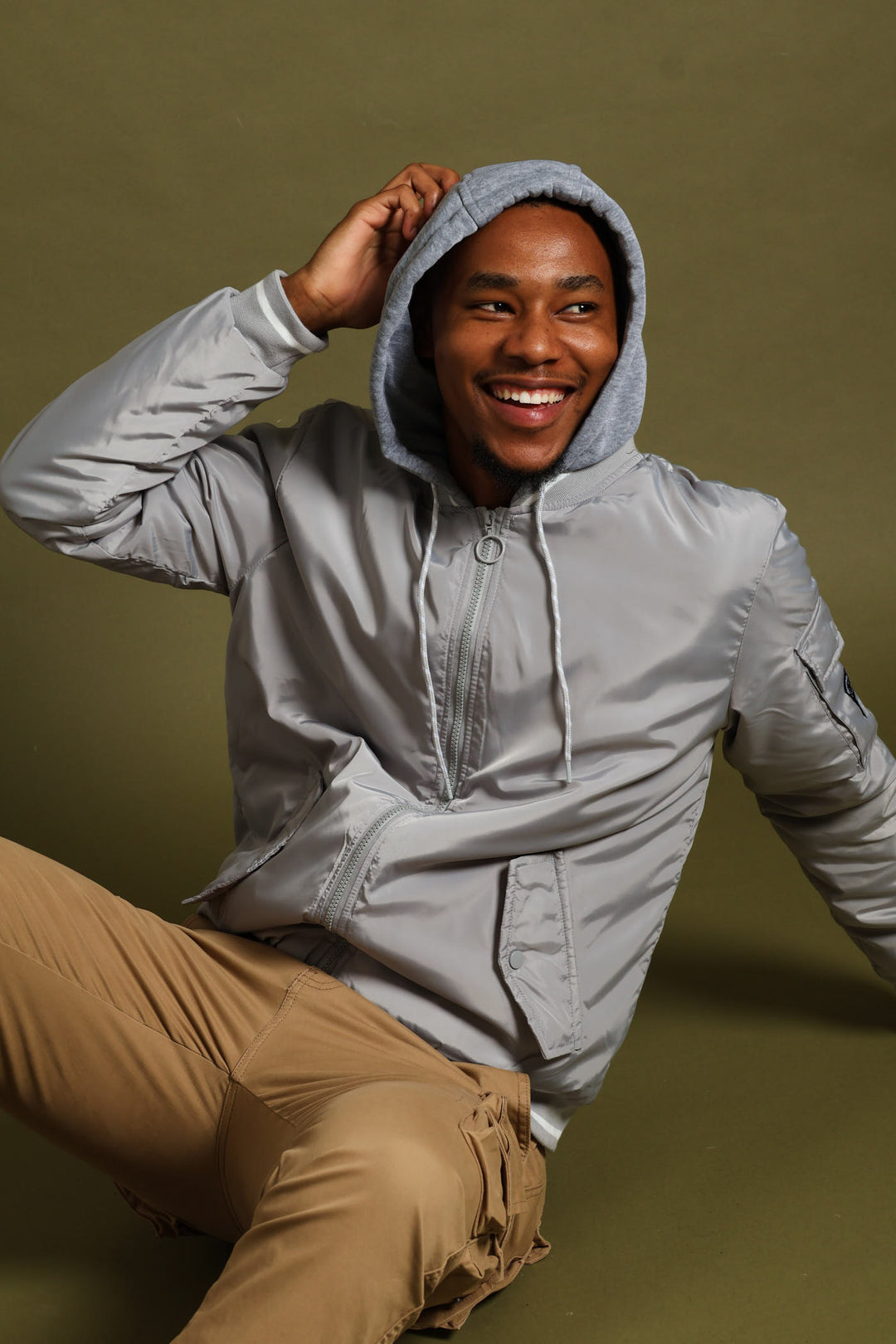 Knit Hood Bomber Jacket - Grey