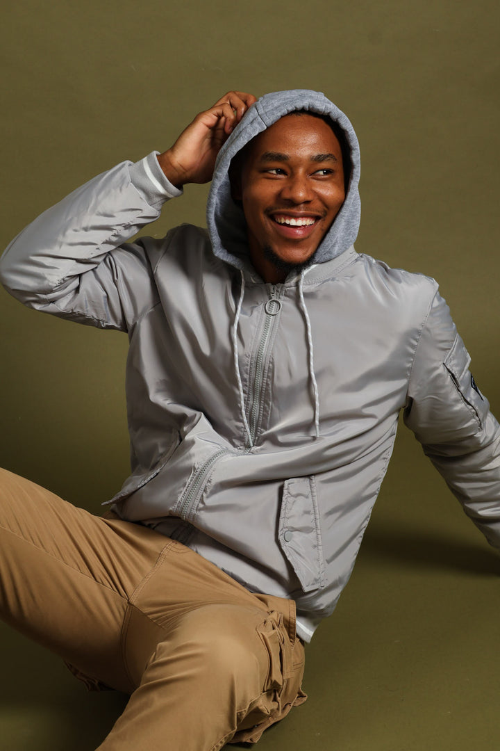 Knit Hood Bomber Jacket - Grey