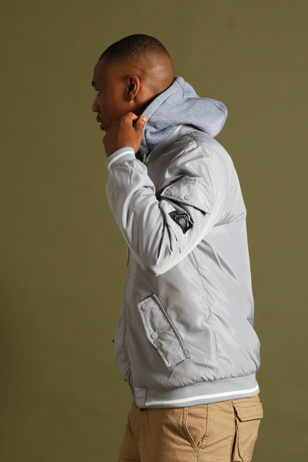 Knit Hood Bomber Jacket - Grey