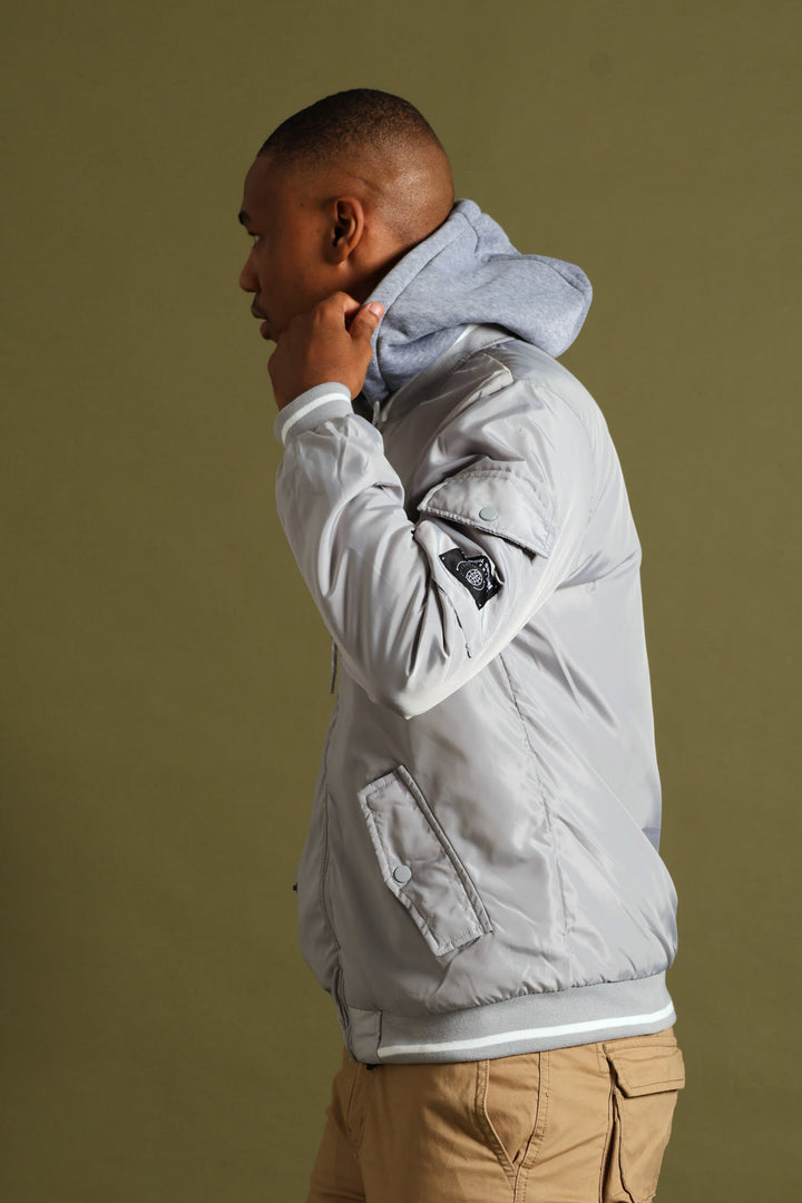Knit Hood Bomber Jacket - Grey