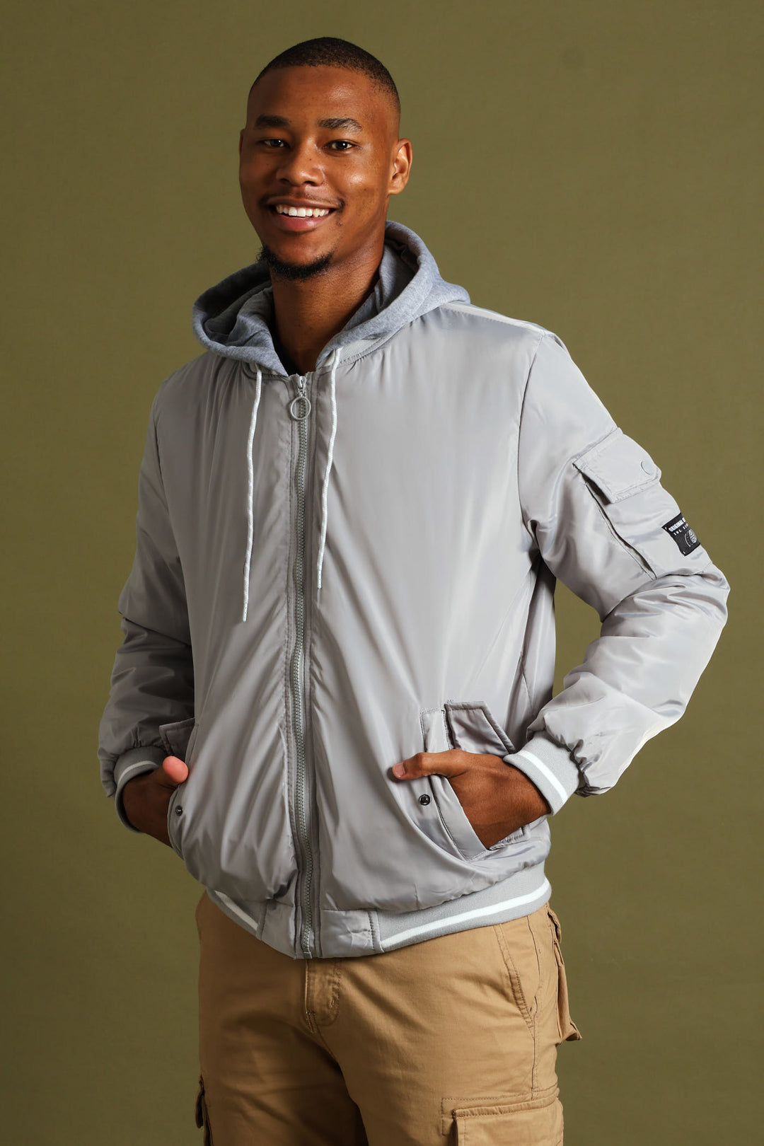 Knit Hood Bomber Jacket - Grey