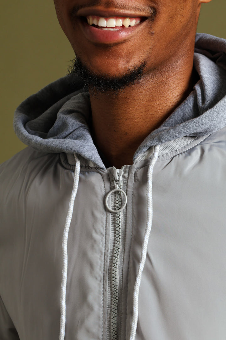 Knit Hood Bomber Jacket - Grey