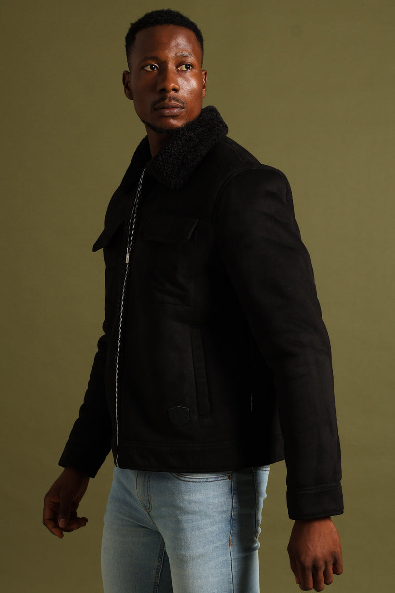 Shearling Sherpa Zip Through Jacket - Black