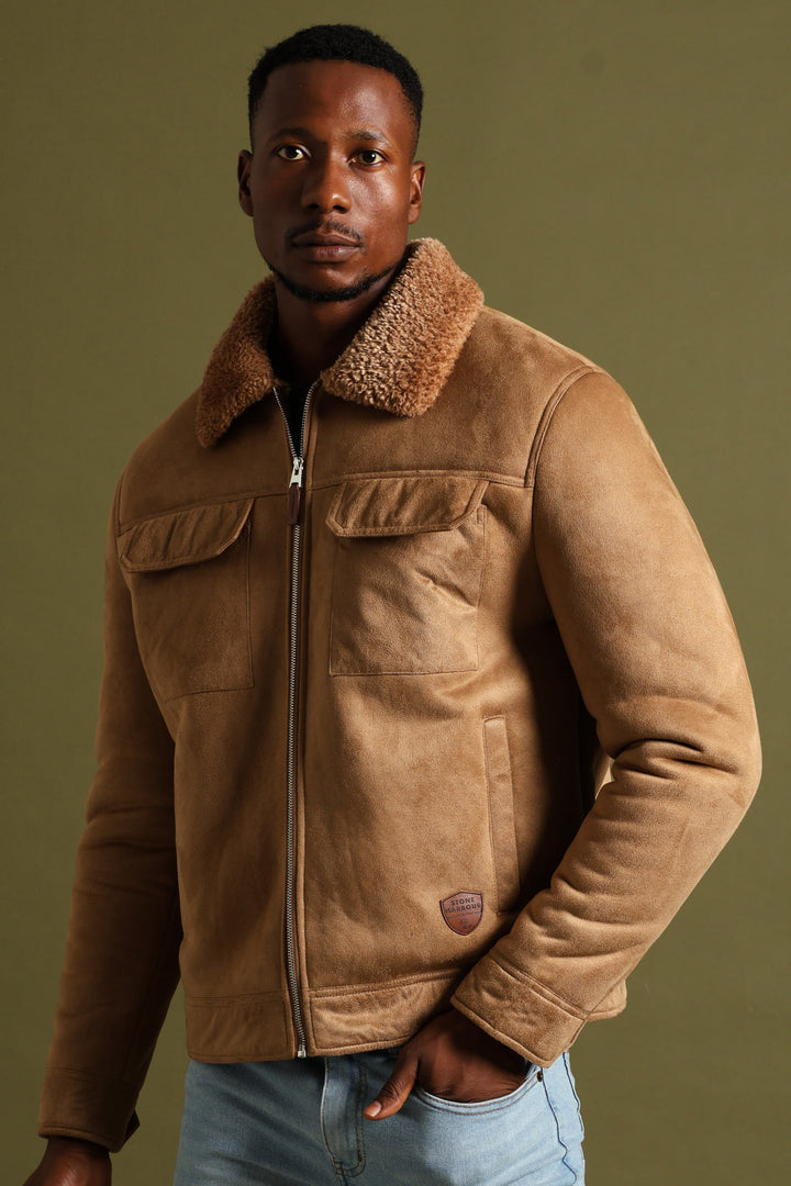 Shearling Sherpa Zip Through Jacket - Camel