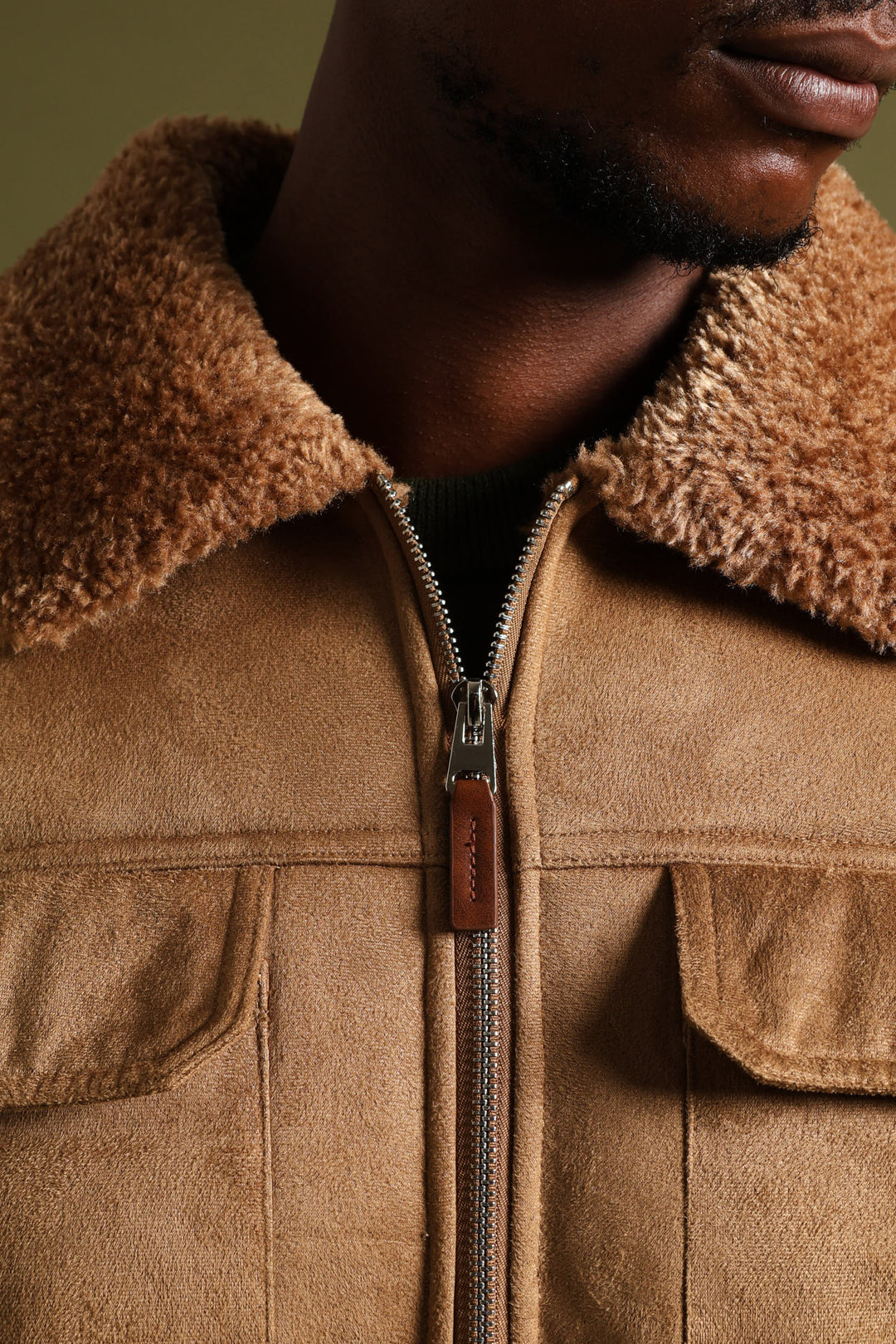 Shearling Sherpa Zip Through Jacket - Camel