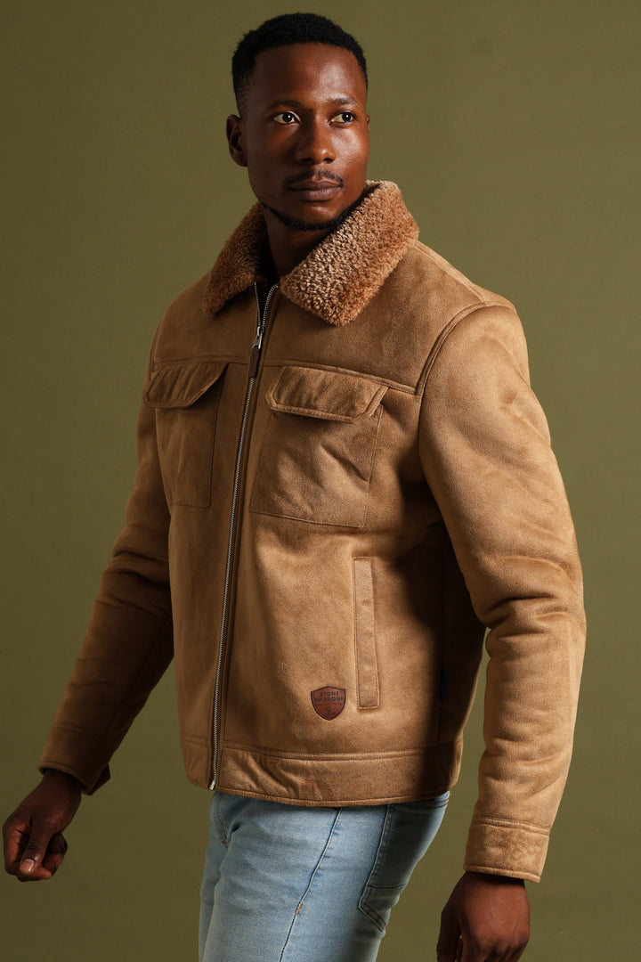 Shearling Sherpa Zip Through Jacket - Camel