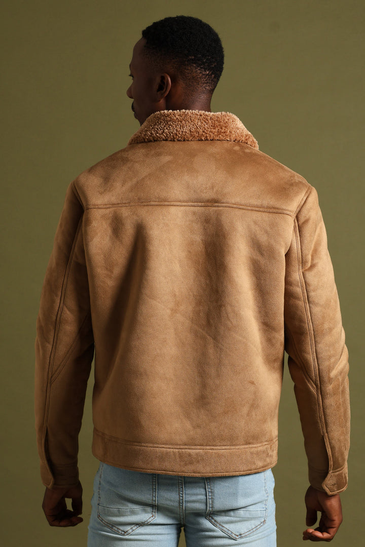 Shearling Sherpa Zip Through Jacket - Camel
