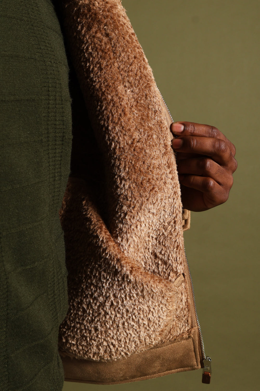 Shearling Sherpa Zip Through Jacket - Camel