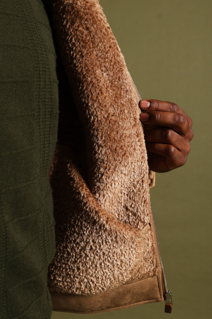 Shearling Sherpa Zip Through Jacket - Camel