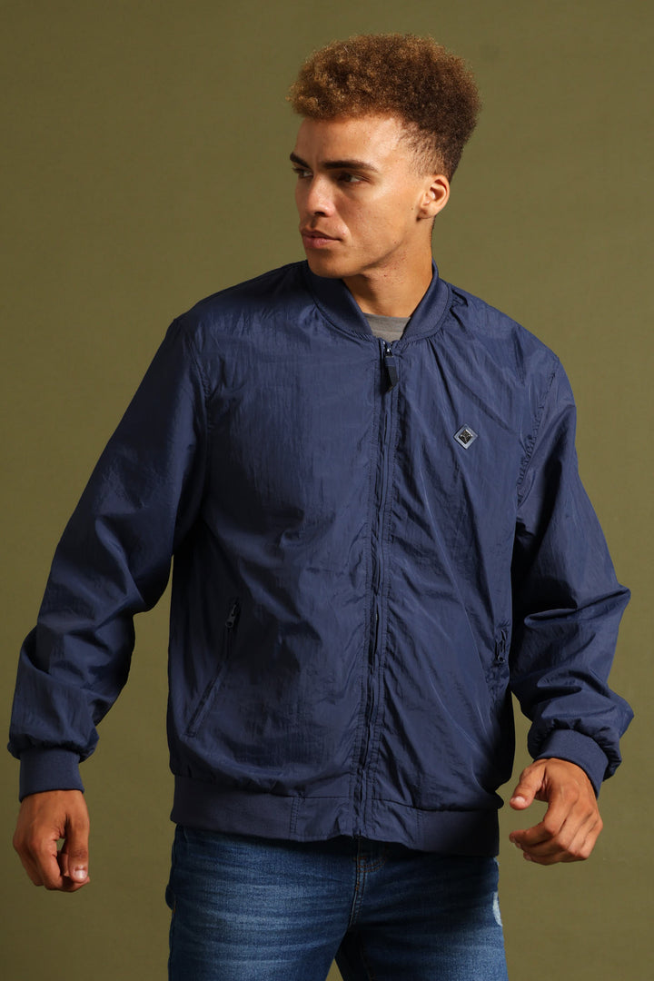 Smart Crinkle Bomber Jacket - Navy