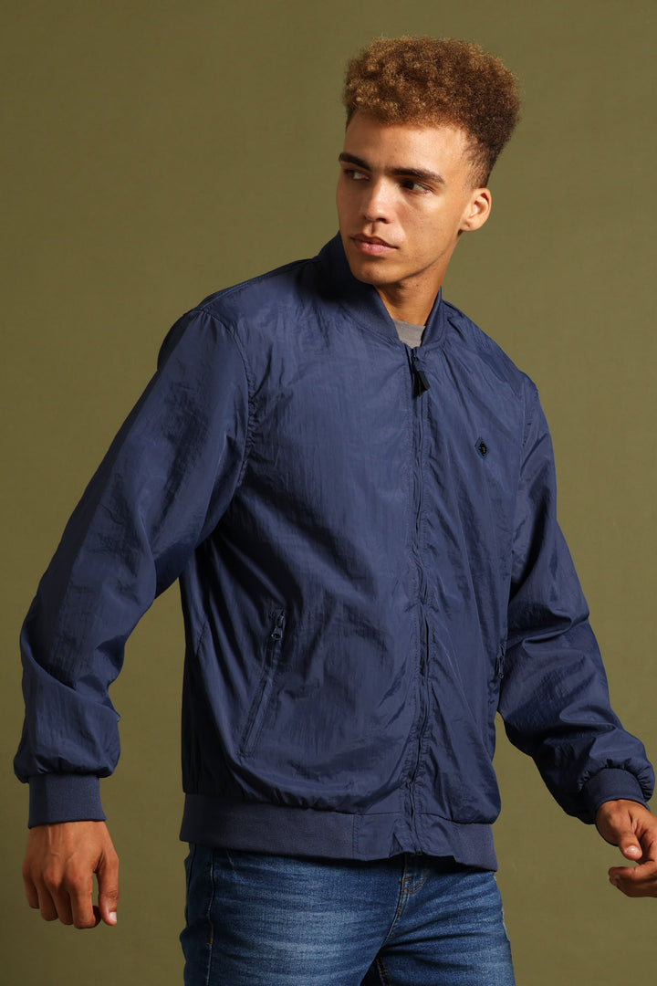 Smart Crinkle Bomber Jacket - Navy