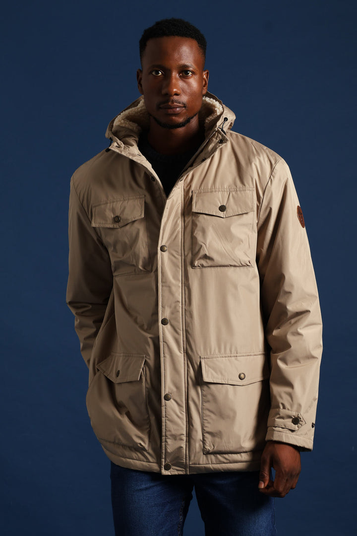 Hooded Utility Parka Jacket - Taupe