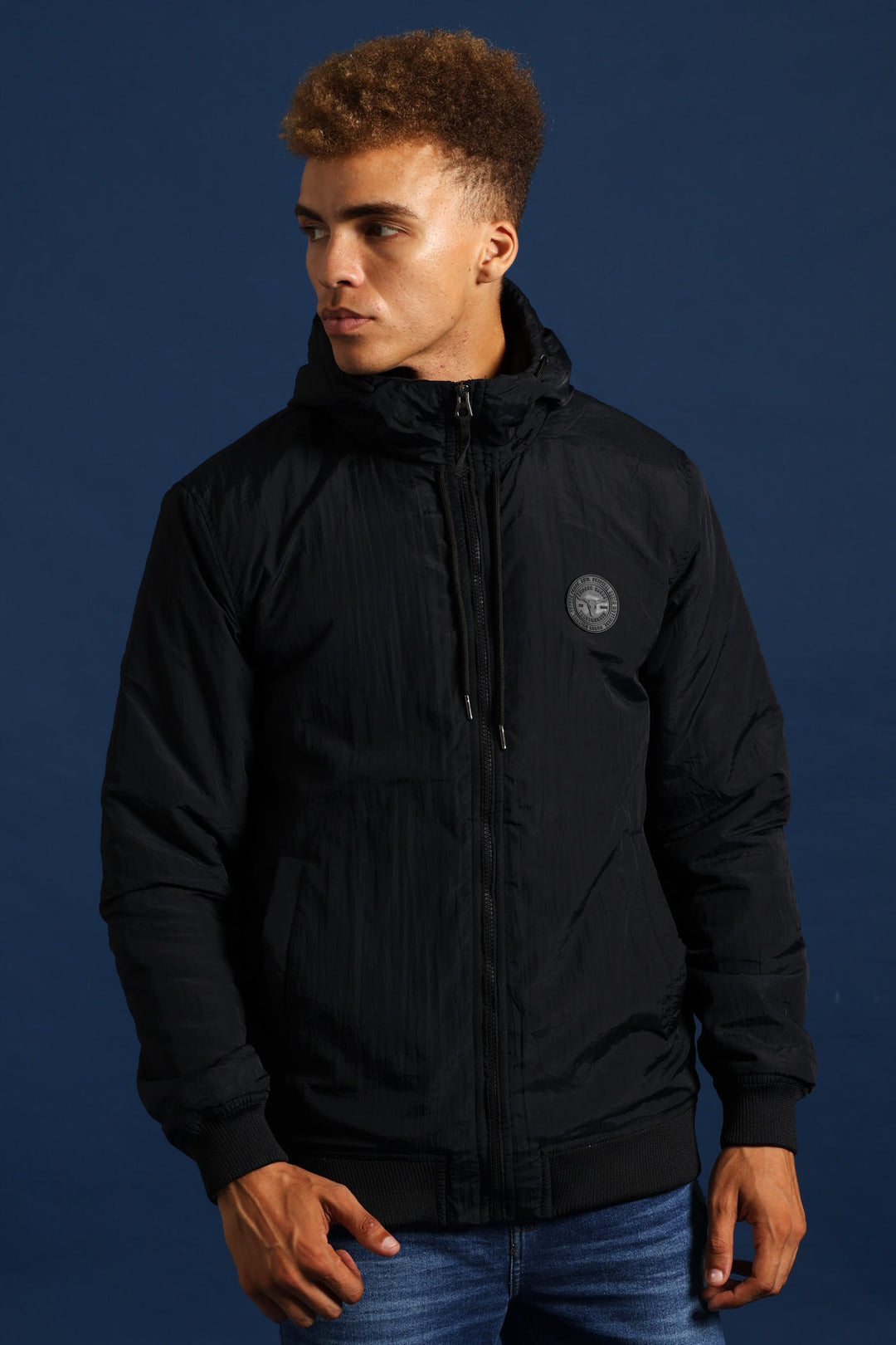 Basic Hood Crinkle Bomber Jacket - Black