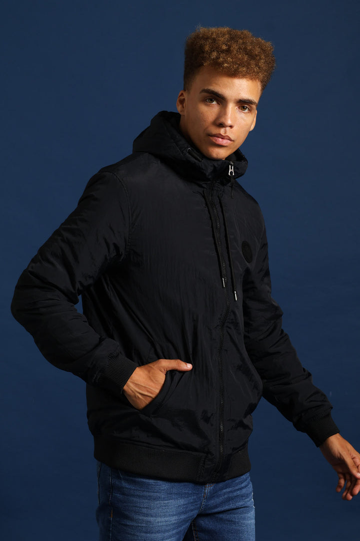 Basic Hood Crinkle Bomber Jacket - Black