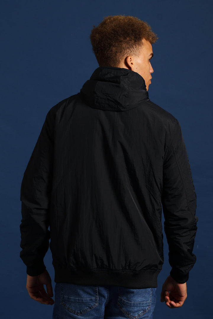 Basic Hood Crinkle Bomber Jacket - Black