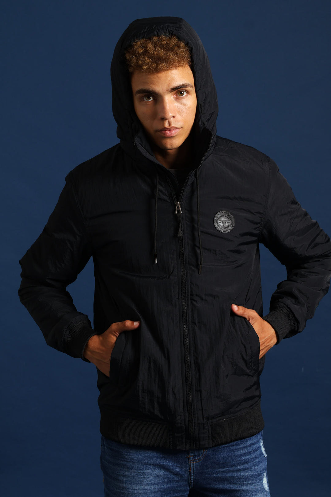 Basic Hood Crinkle Bomber Jacket - Black