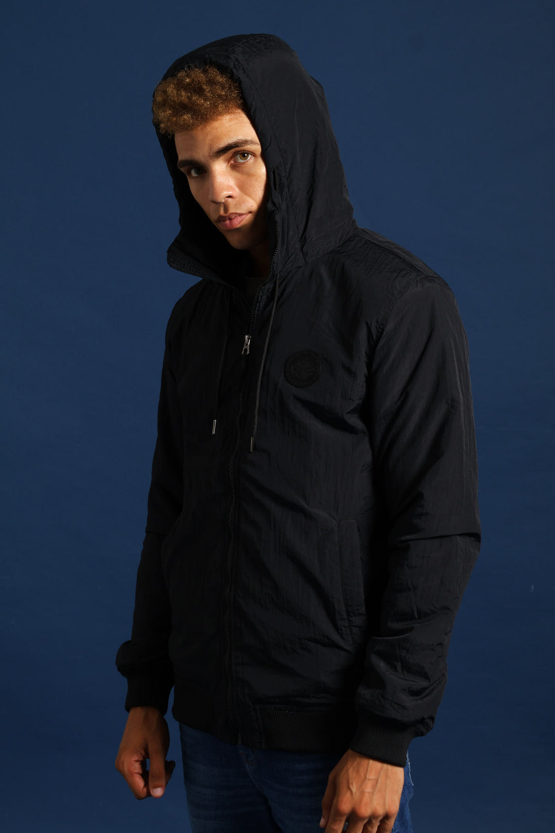 Basic Hood Crinkle Bomber Jacket - Black