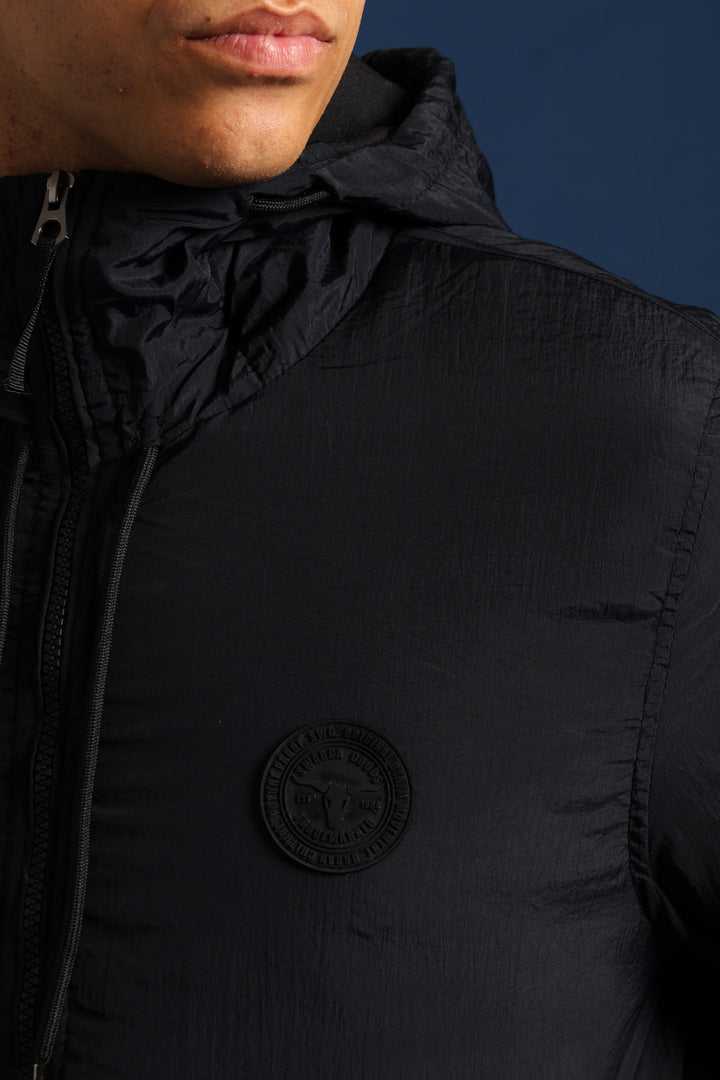 Basic Hood Crinkle Bomber Jacket - Black