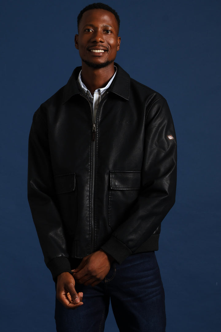 PU Zip Through Bomber - Black