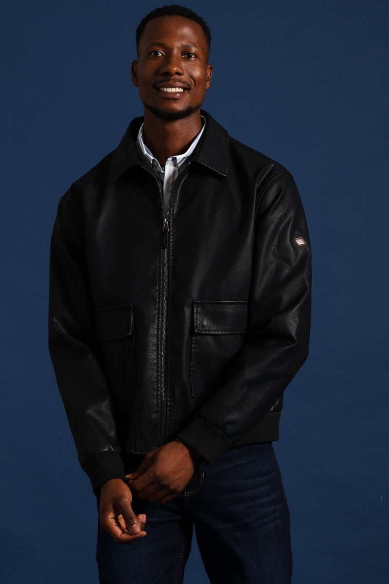PU Zip Through Bomber - Black