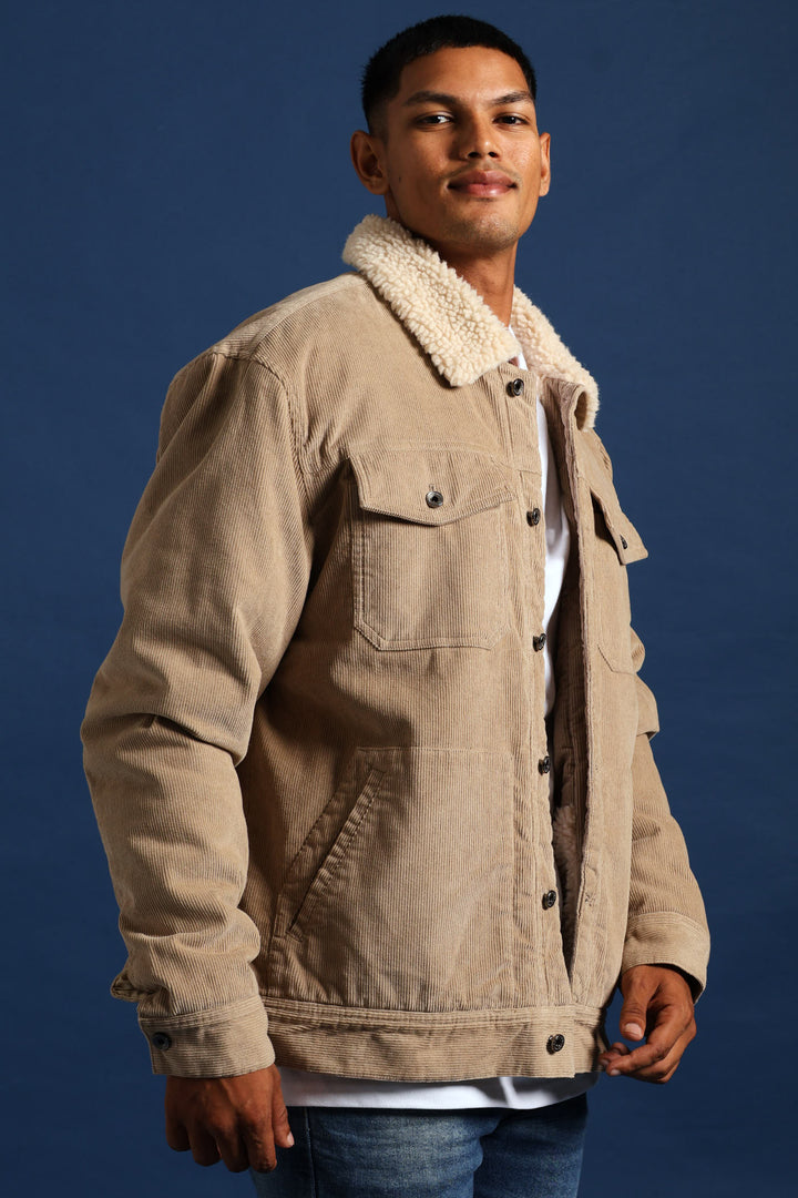 Corduroy Sherpa Trucker Jacket - Taupe