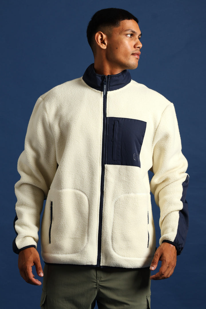 Polar Fleece Nylon Combo Zip Through Jacket - Light Stone/Navy