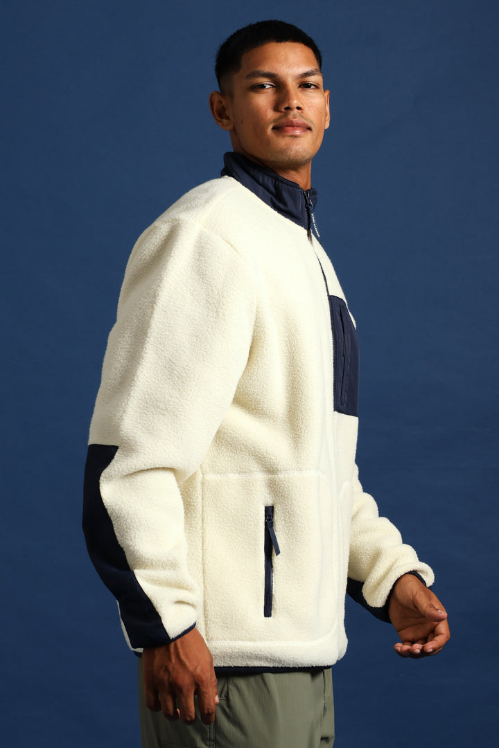 Polar Fleece Nylon Combo Zip Through Jacket - Light Stone/Navy