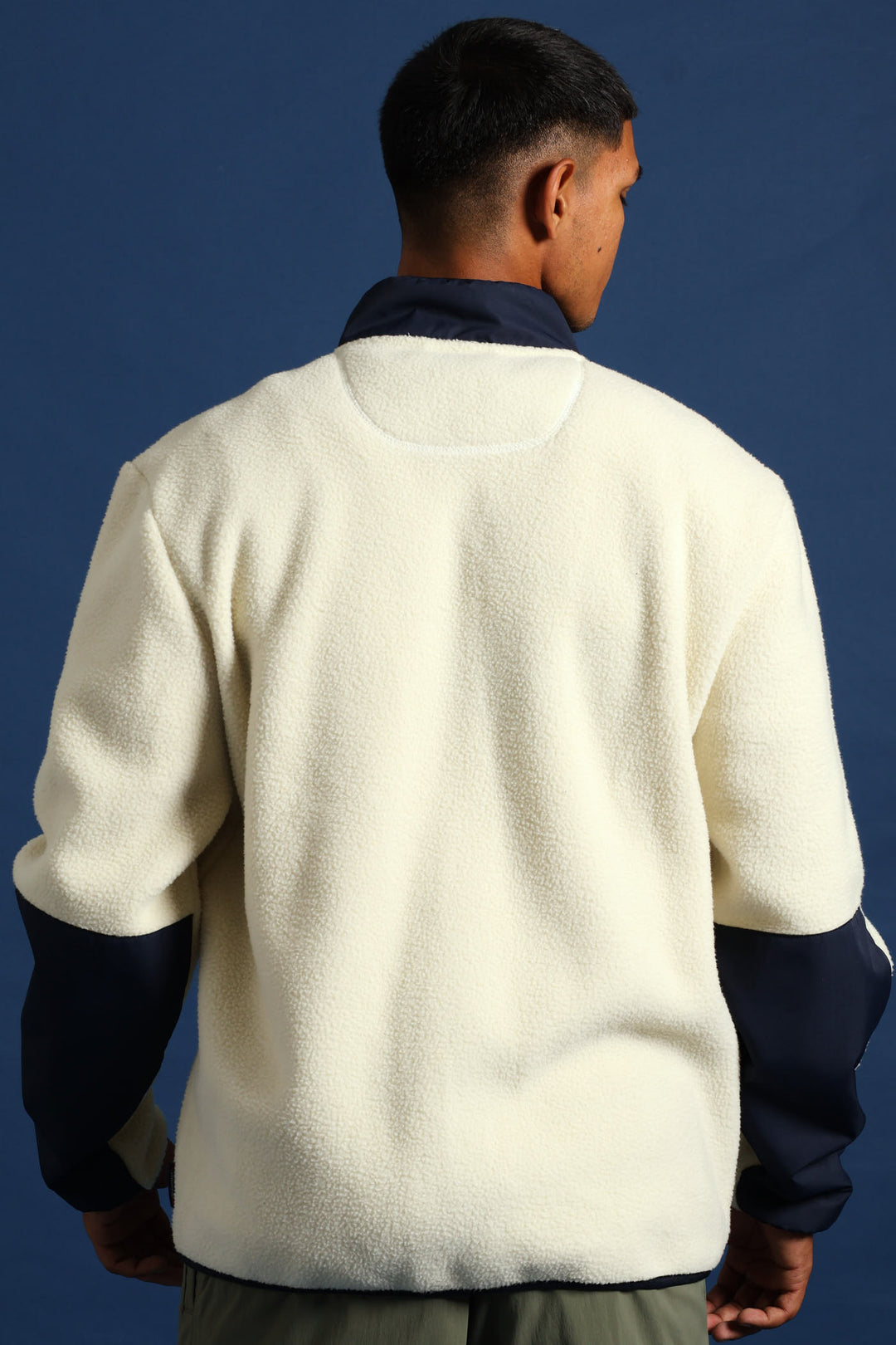 Polar Fleece Nylon Combo Zip Through Jacket - Light Stone/Navy