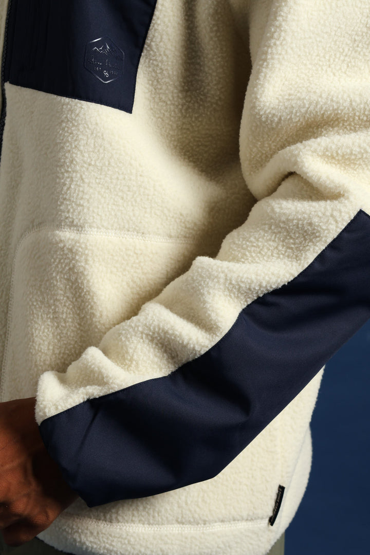 Polar Fleece Nylon Combo Zip Through Jacket - Light Stone/Navy