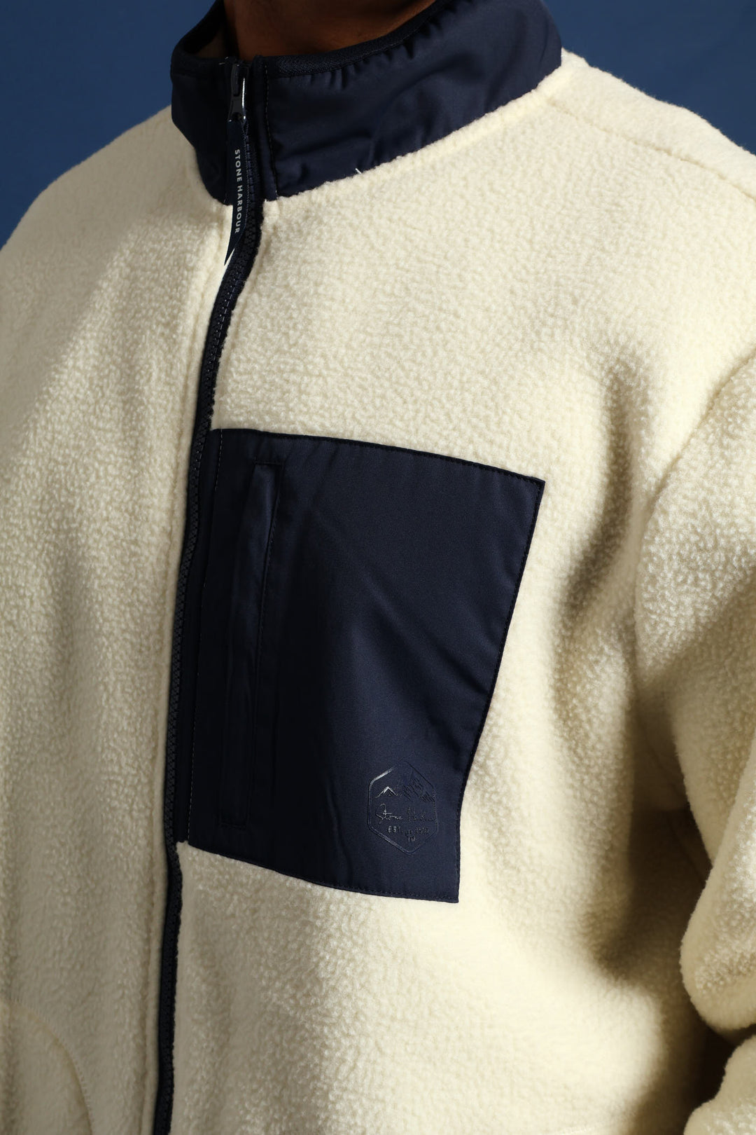 Polar Fleece Nylon Combo Zip Through Jacket - Light Stone/Navy