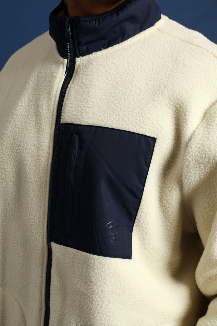 Polar Fleece Nylon Combo Zip Through Jacket - Light Stone/Navy