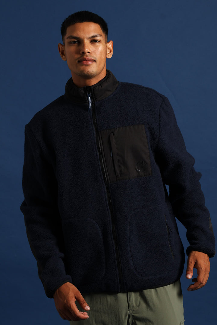 Polar Fleece Nylon Combo Zip Through Jacket - Navy/Black