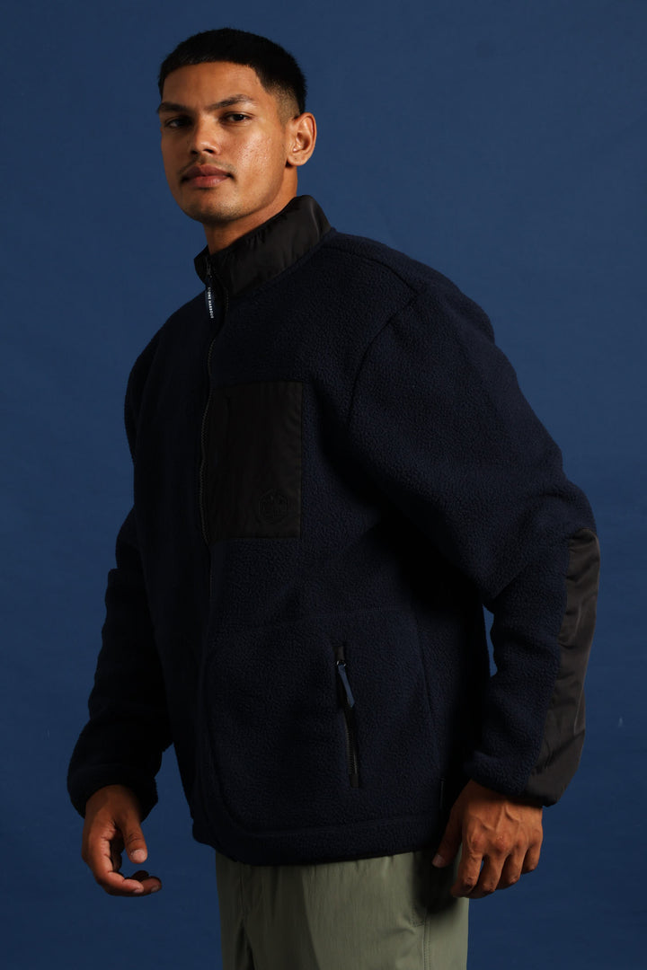 Polar Fleece Nylon Combo Zip Through Jacket - Navy/Black