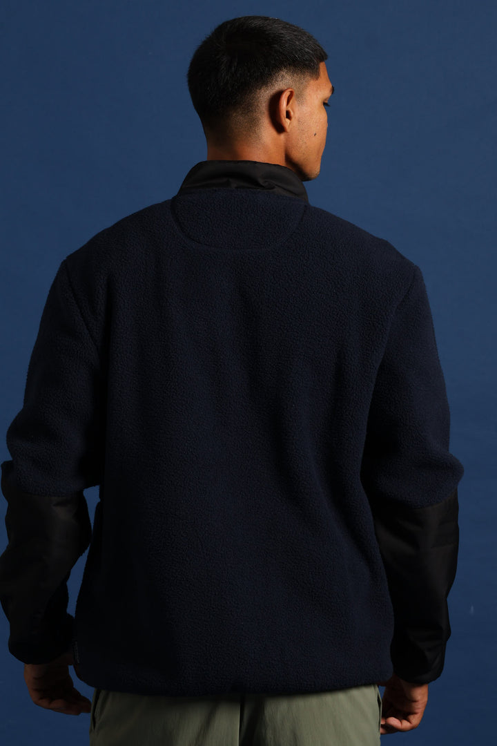 Polar Fleece Nylon Combo Zip Through Jacket - Navy/Black