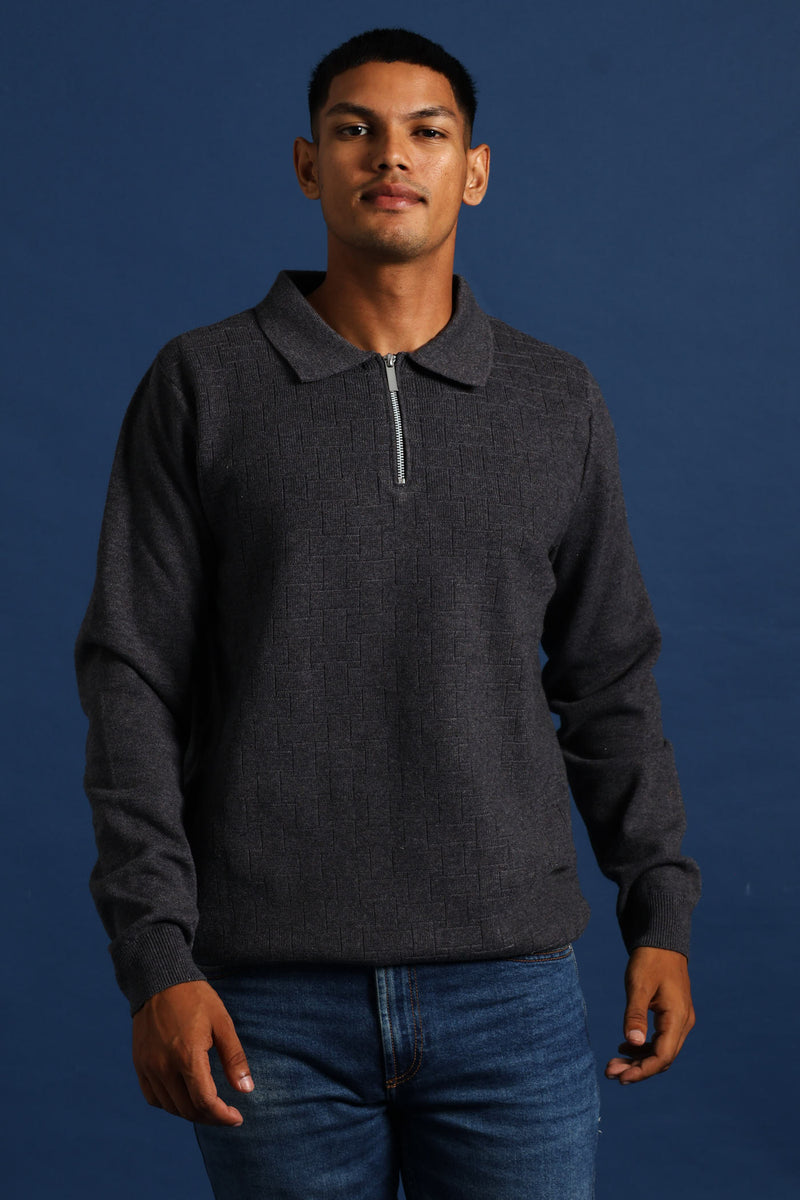Quarter Zip Pave Fine Gauge Knitwear - Charcoal Melange