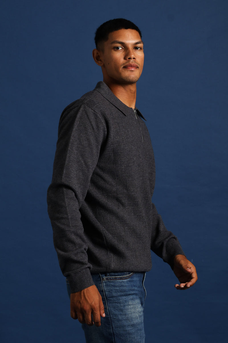 Quarter Zip Pave Fine Gauge Knitwear - Charcoal Melange