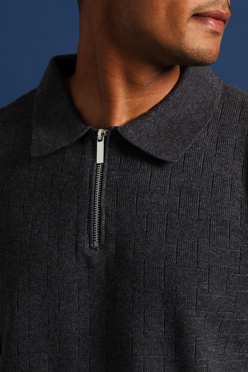 Quarter Zip Pave Fine Gauge Knitwear - Charcoal Melange