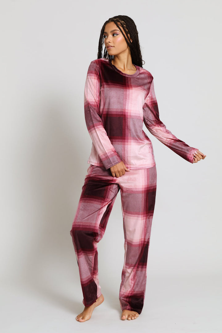 Long Sleeve Top & Pant Check Velour Set - Burgundy
