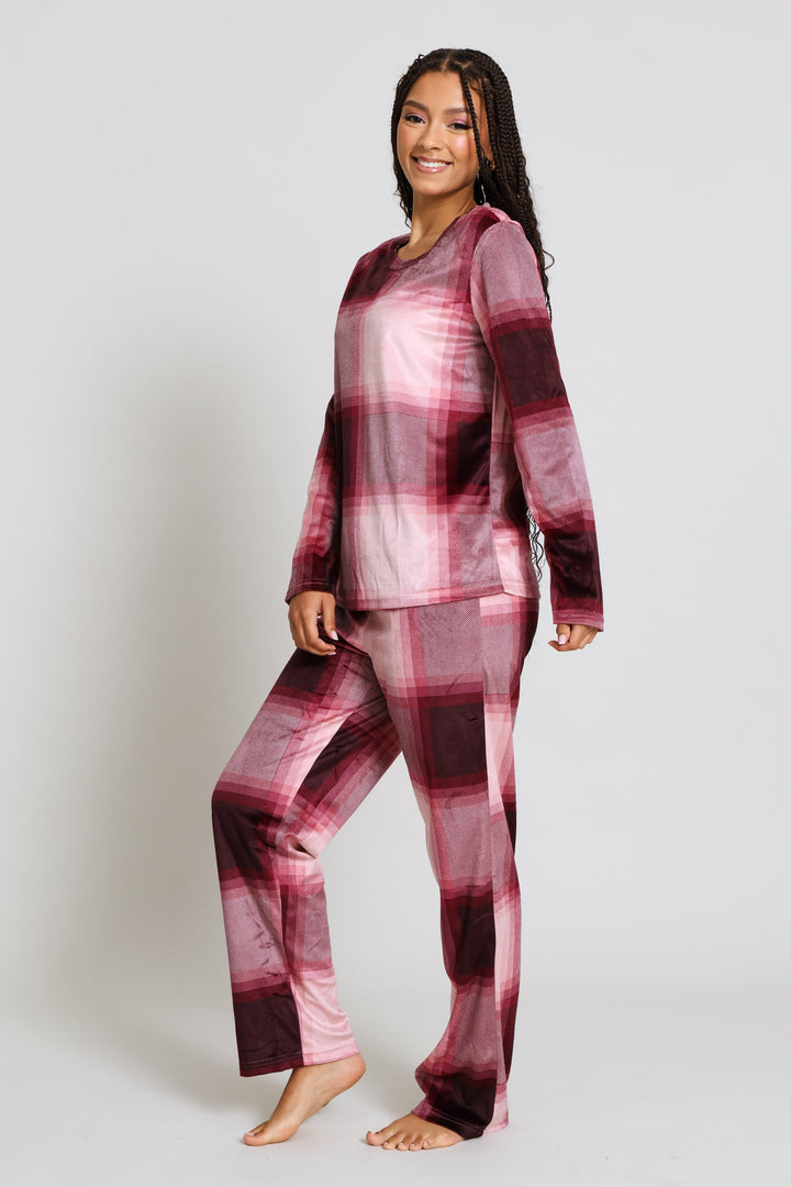 Long Sleeve Top & Pant Check Velour Set - Burgundy