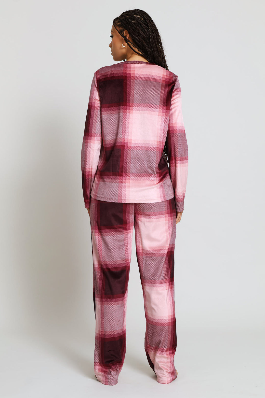 Long Sleeve Top & Pant Check Velour Set - Burgundy