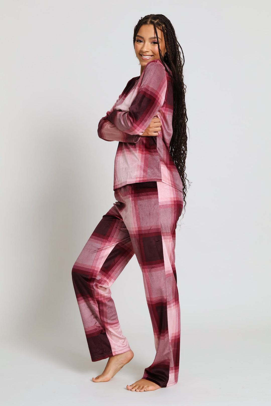 Long Sleeve Top & Pant Check Velour Set - Burgundy