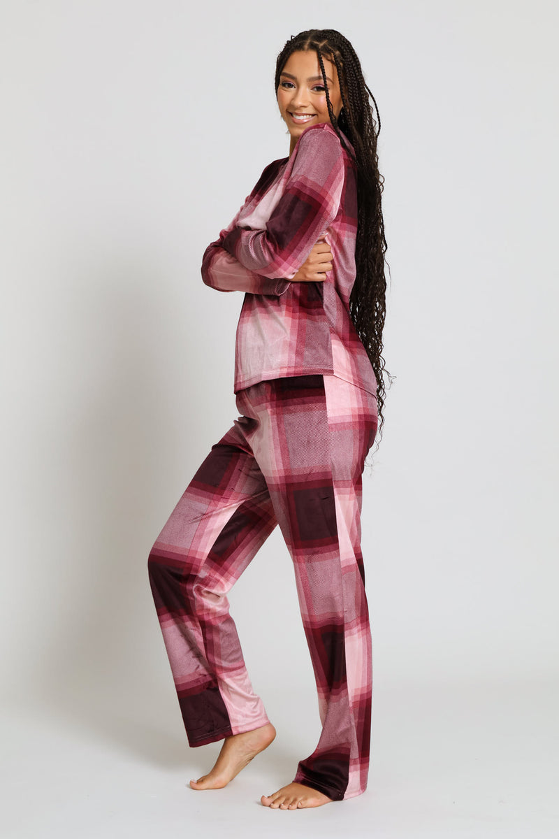 Long Sleeve Top & Pant Check Velour Set - Burgundy